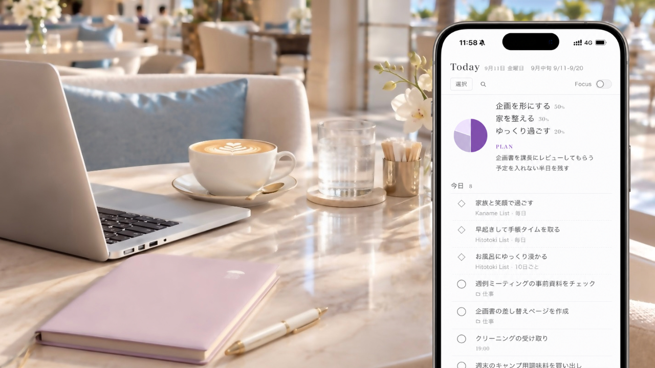 カフェのテーブルと10thly TaskのToday画面
